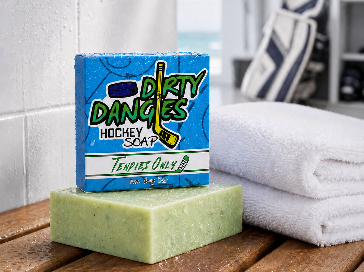 tendies only green jasmine lime hockey goalie soap in a locker room with goalie gear.