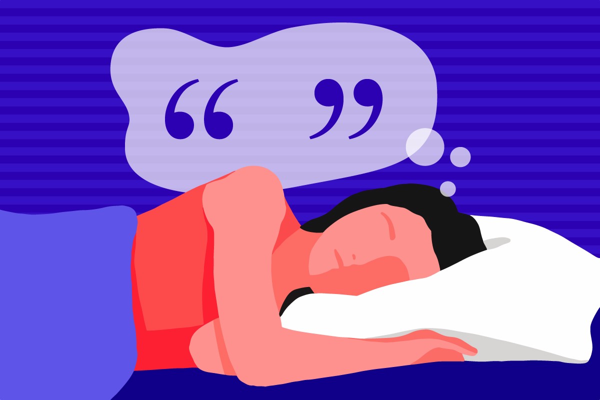 A girl sleeping in bed dreaming of quotes about napping. There is a thought bubble over her head containing open and closed quotation marks.