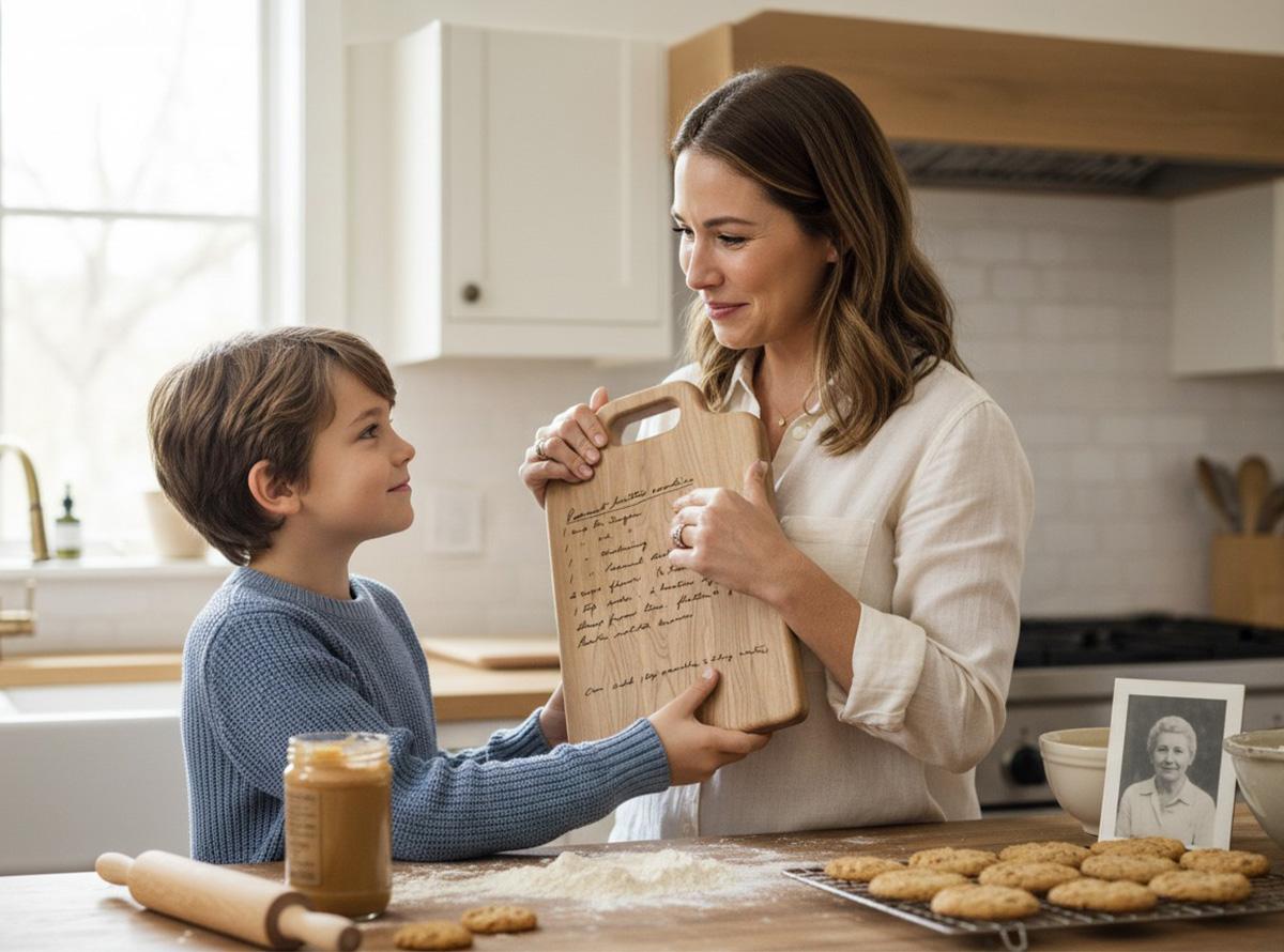 Son giving his mom an engraved handwritten recipe board for her special day.