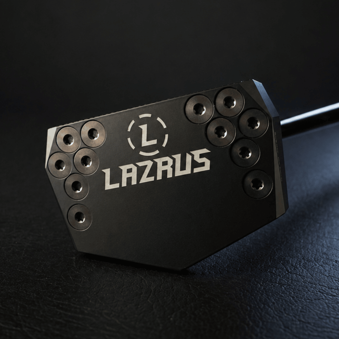 Lazrus LAZ2.5 zero torque mallet putter in Red finish showing face of club with a close up of the milling and Lazrus logo