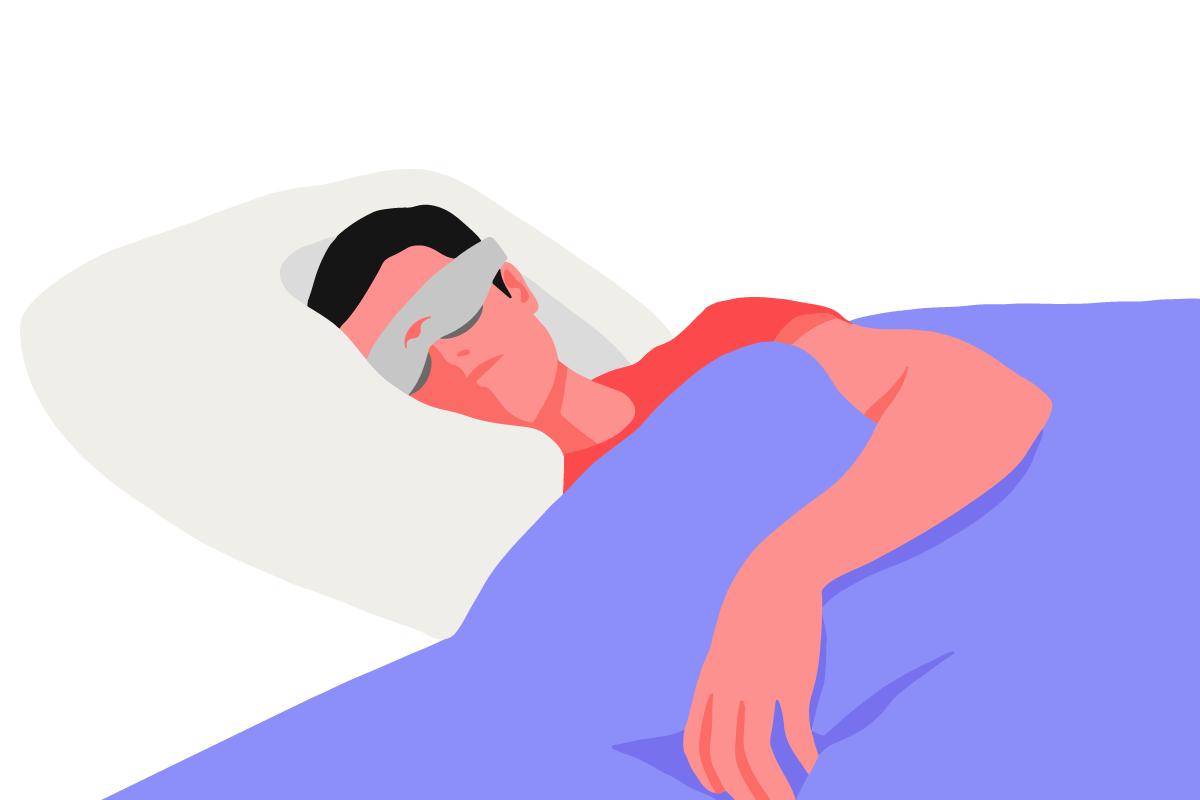 A man lying in bed wearing a sleep mask while demonstrating how to fall asleep fast.