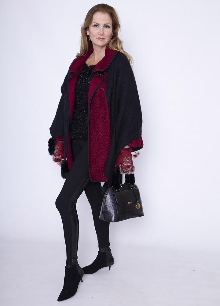 Black Trim Poodle Cardi in Wine