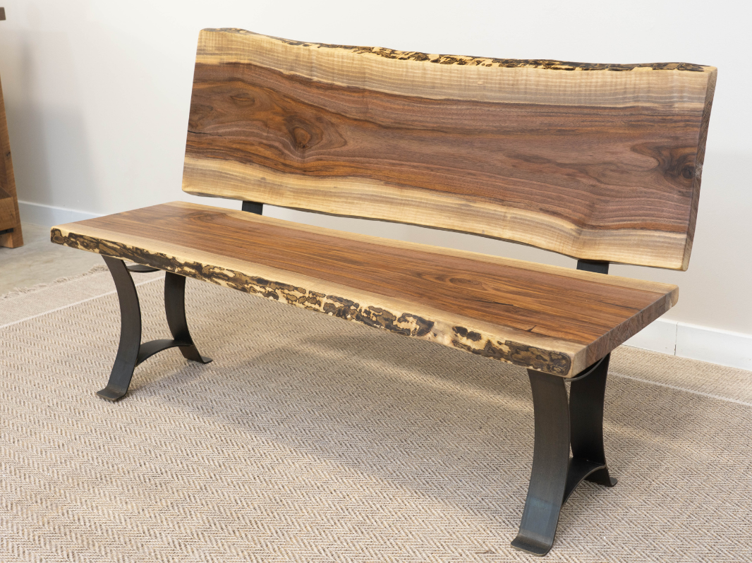 live edge walnut bench with back