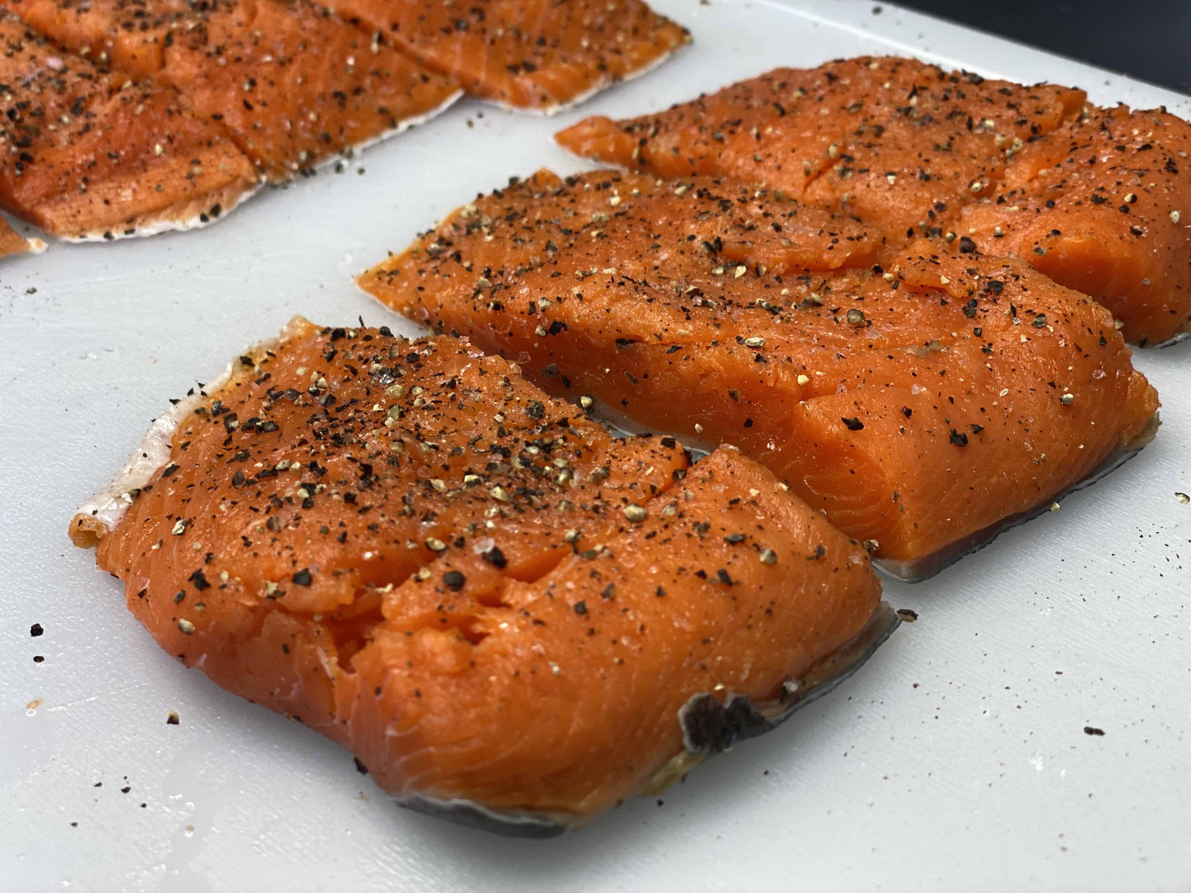 Seasoned and cut salmon
