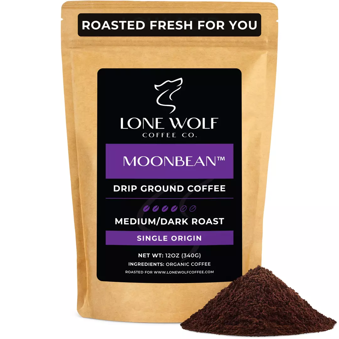 One 12oz bag of Lone Wolf Coffee’s Moonbean Medium-Dark Roast Drip Ground coffee bag product photo