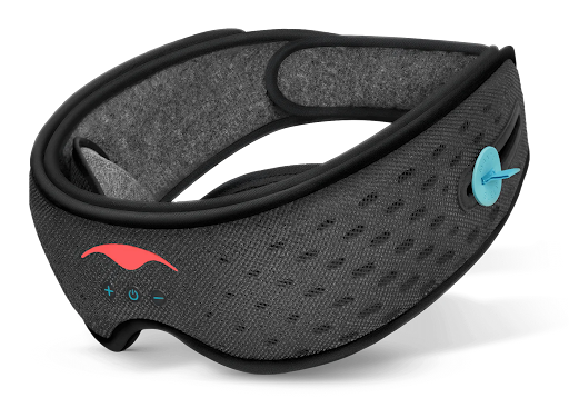 A black mesh sleep mask with Bluetooth headphones for sleeping on an airplane.