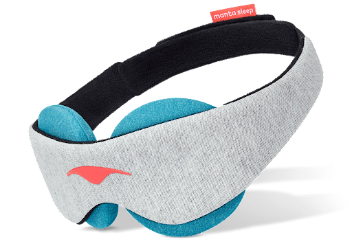 A gray cooling sleep mask with beads with blue cooling eye cups.