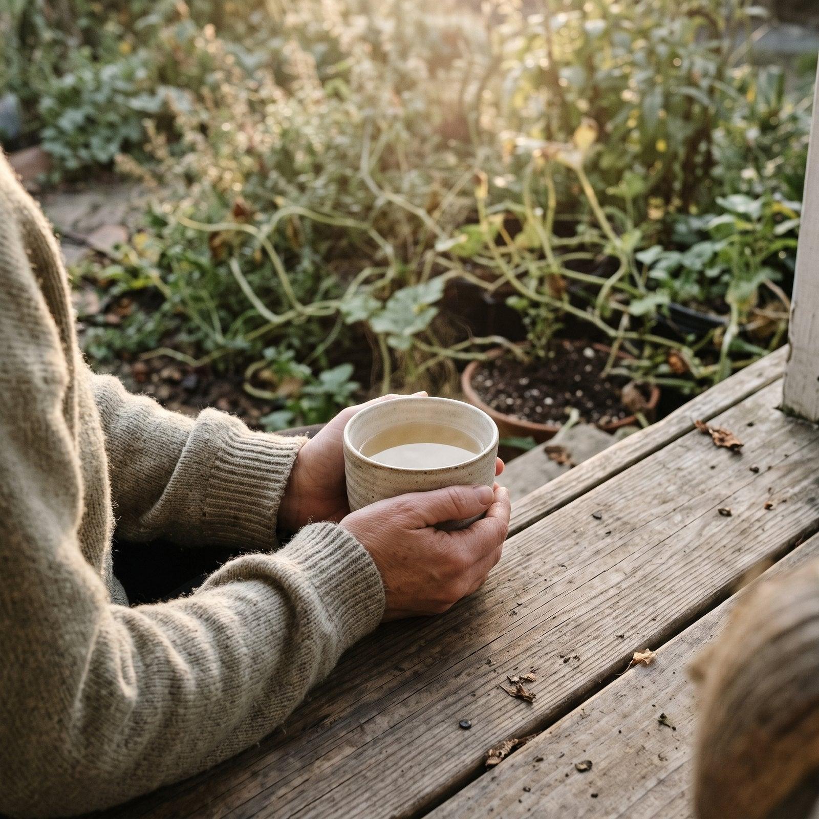Hands holding a cup of ginseng tea on a porch step at sunrise