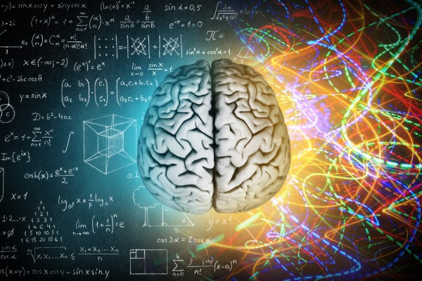 the human brain in front of half a blackboard with mathematical equations and half colorful way lines