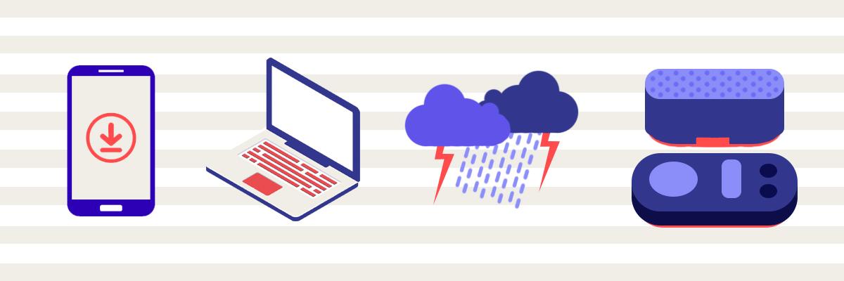 Sources for listening to red or white noise. From left: A smartphone, laptop, heavy rainfall and a white noise machine.