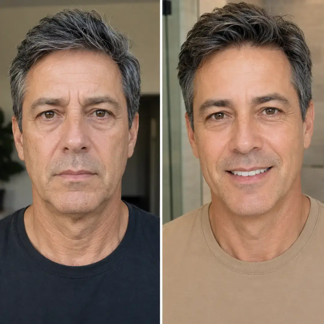 before after image of male in his 50's showing improved appearance of eye bags