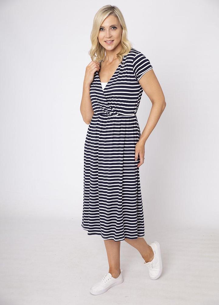 Stripe Cap Sleeve Cross Over Dress