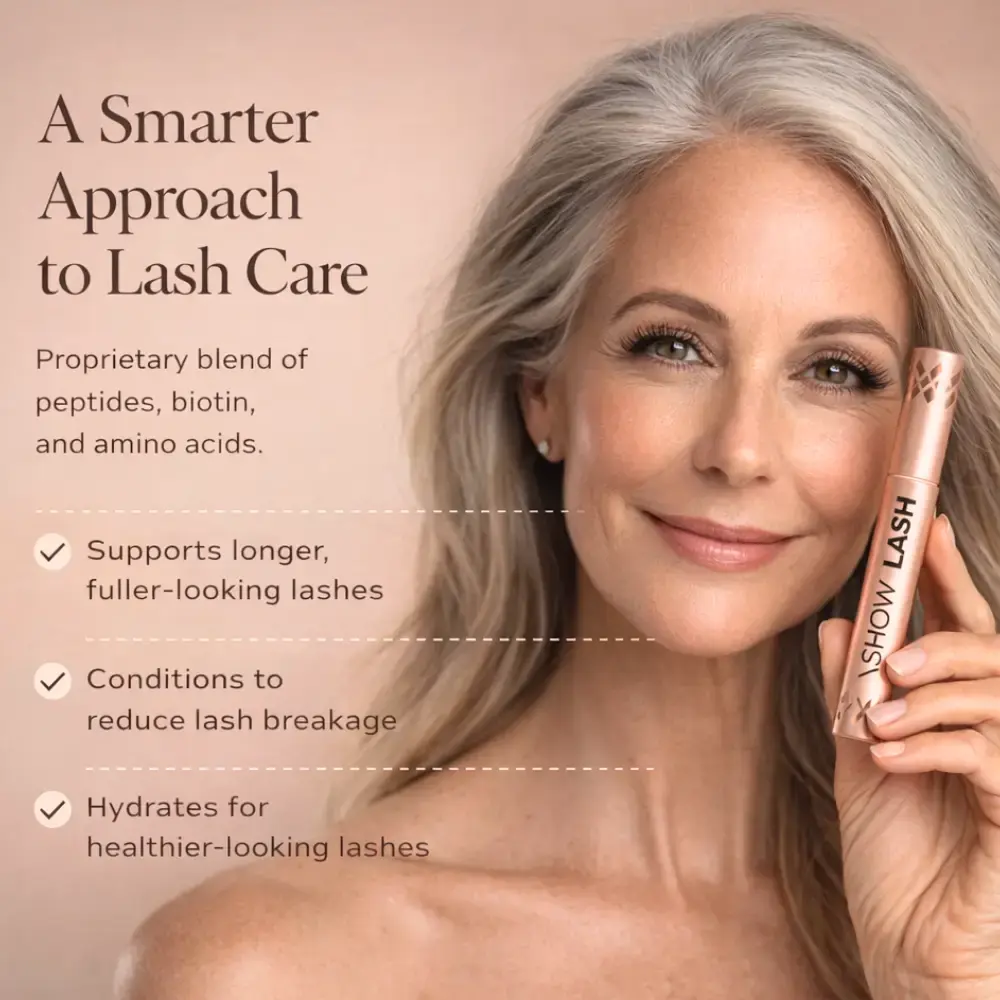 show lash bottle and Before and after image showing longer looking eyelashes. text: Lashes so full, skip mascara