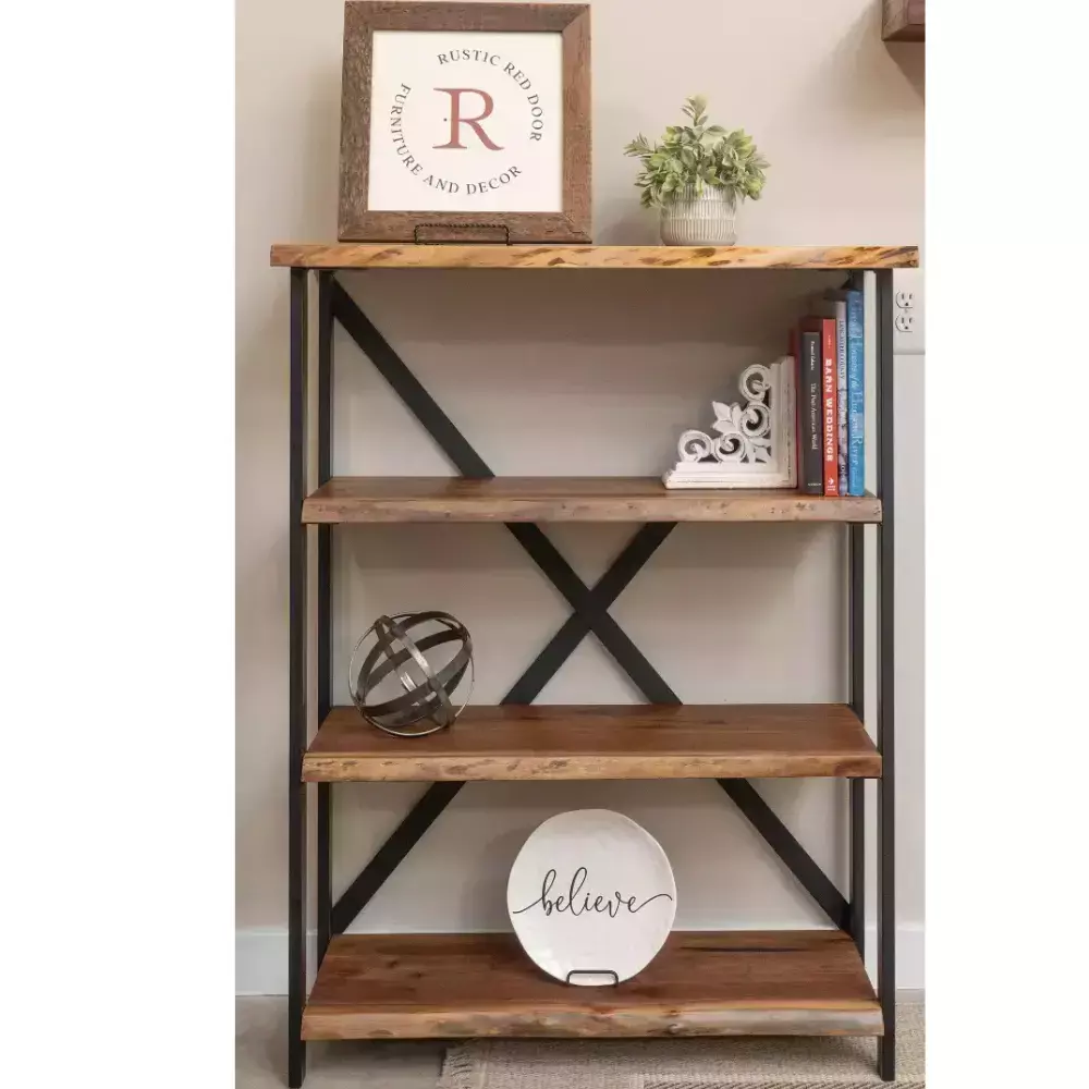 live edge wood and steel bookshelf