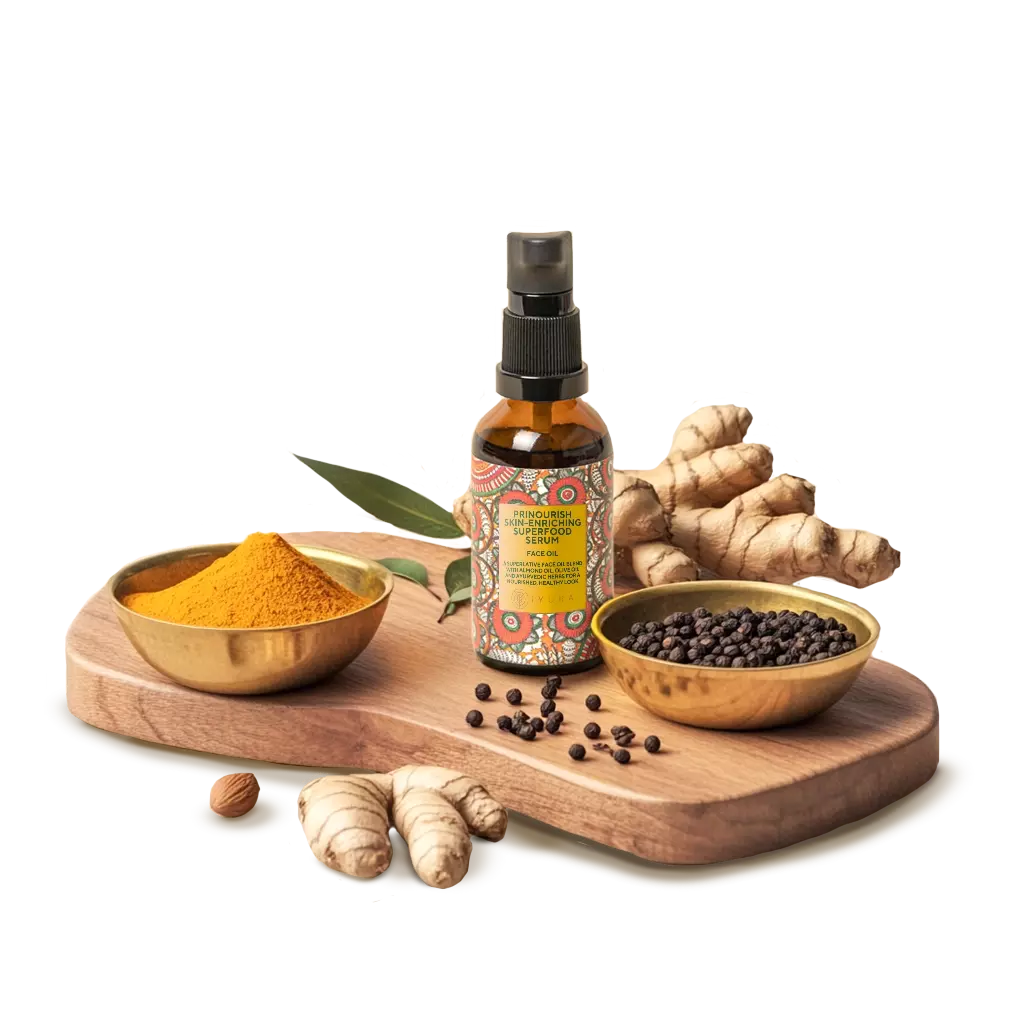 A bottle of prinourish kept on a wooden board with ingredients like, ginger, almond and bowl of powdered turmeric and black pepper each