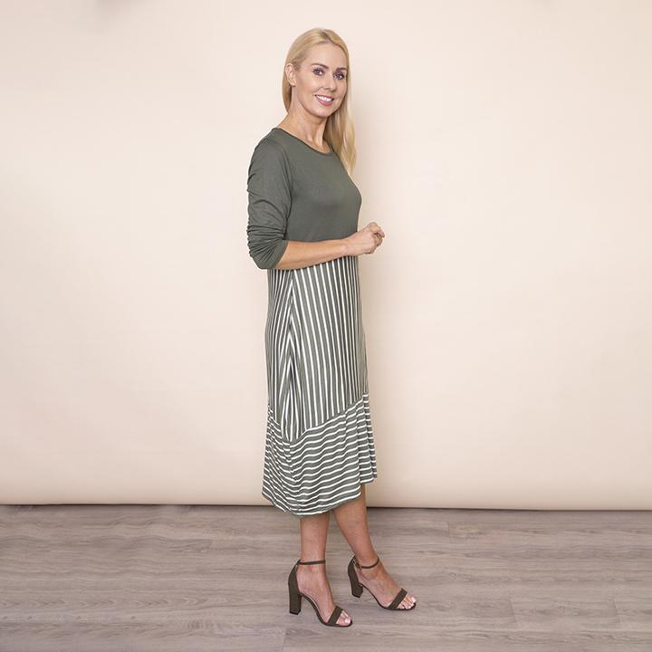 Long Sleeve Stripe Dress in Khaki