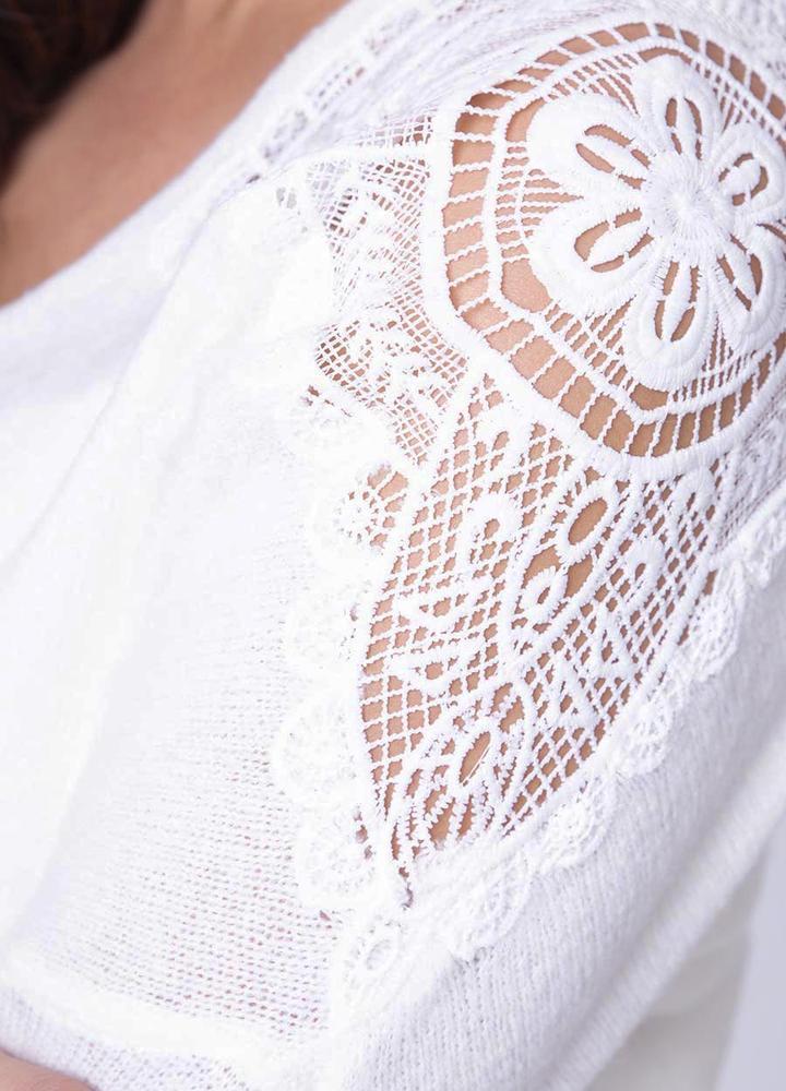 Lace Shoulder V Neck Jumper in White