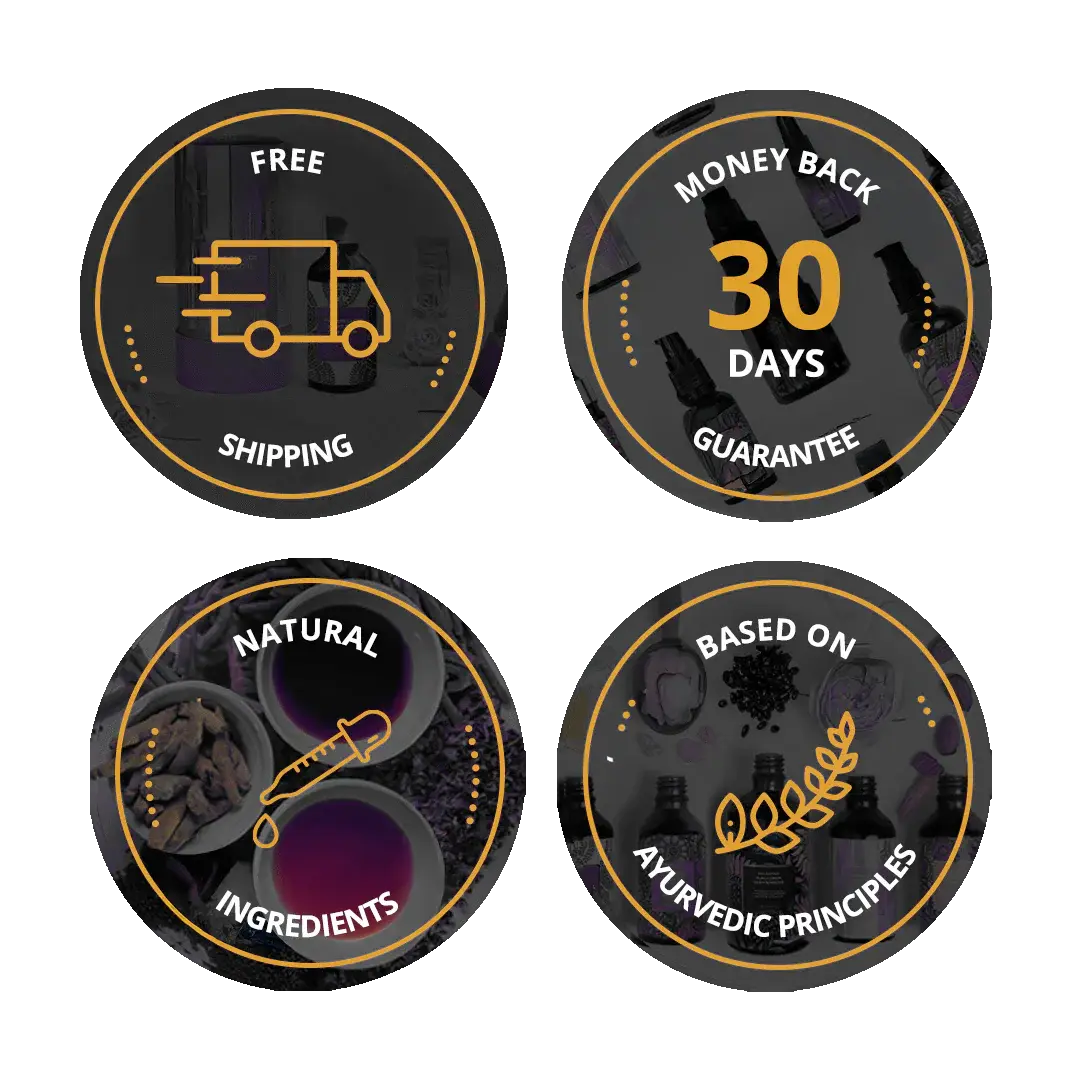 Badge showing Natural Ingredients, Based on Ayurvedic Principles, Free delivery above 50 Pounds & 30 days money back guarantee .