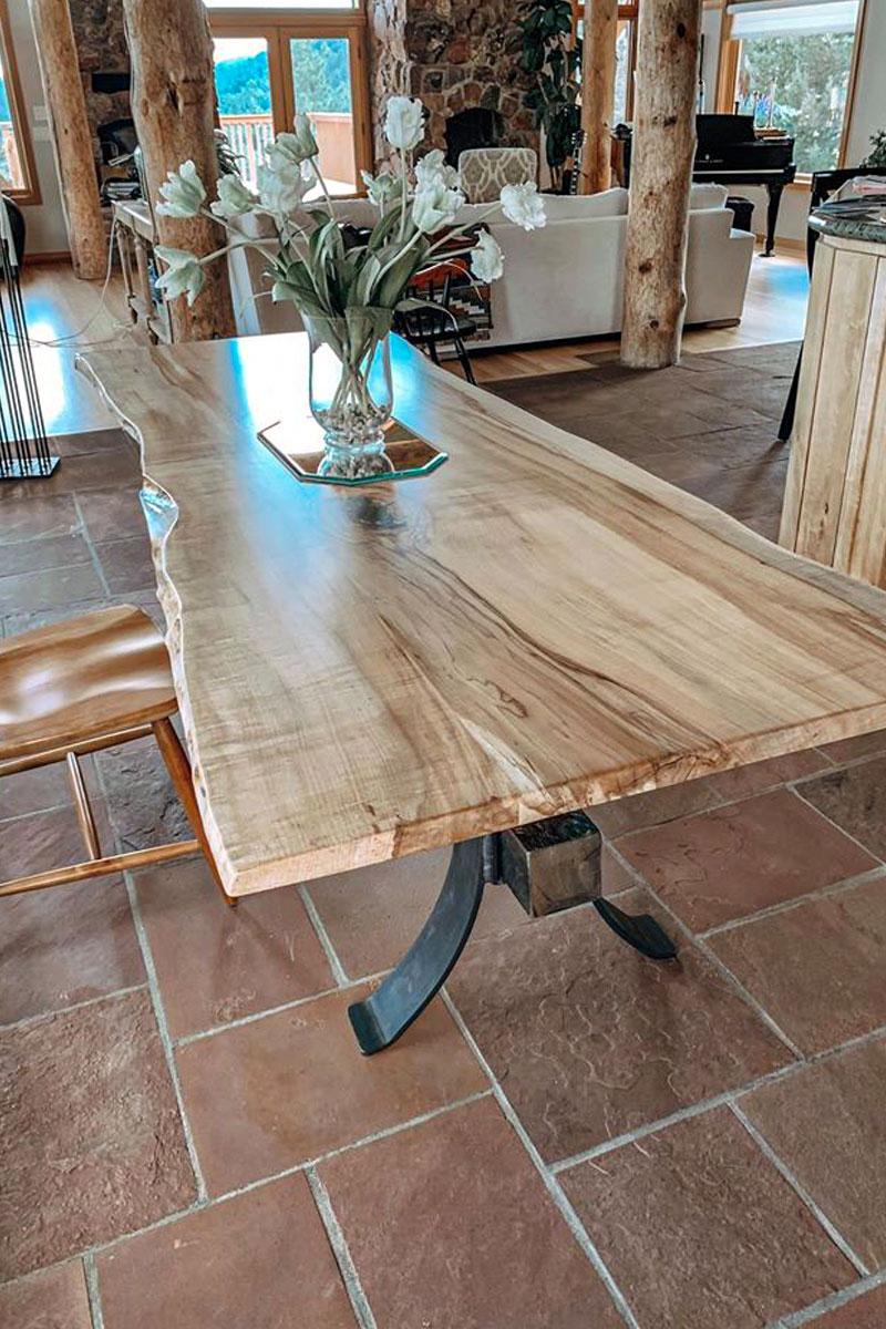 live edge wood dining table with timber beam base