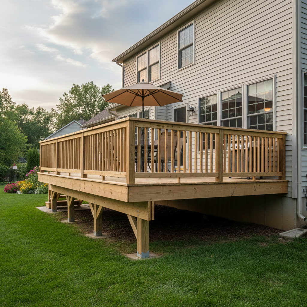 A row of deck support posts held up by deck foot anchors