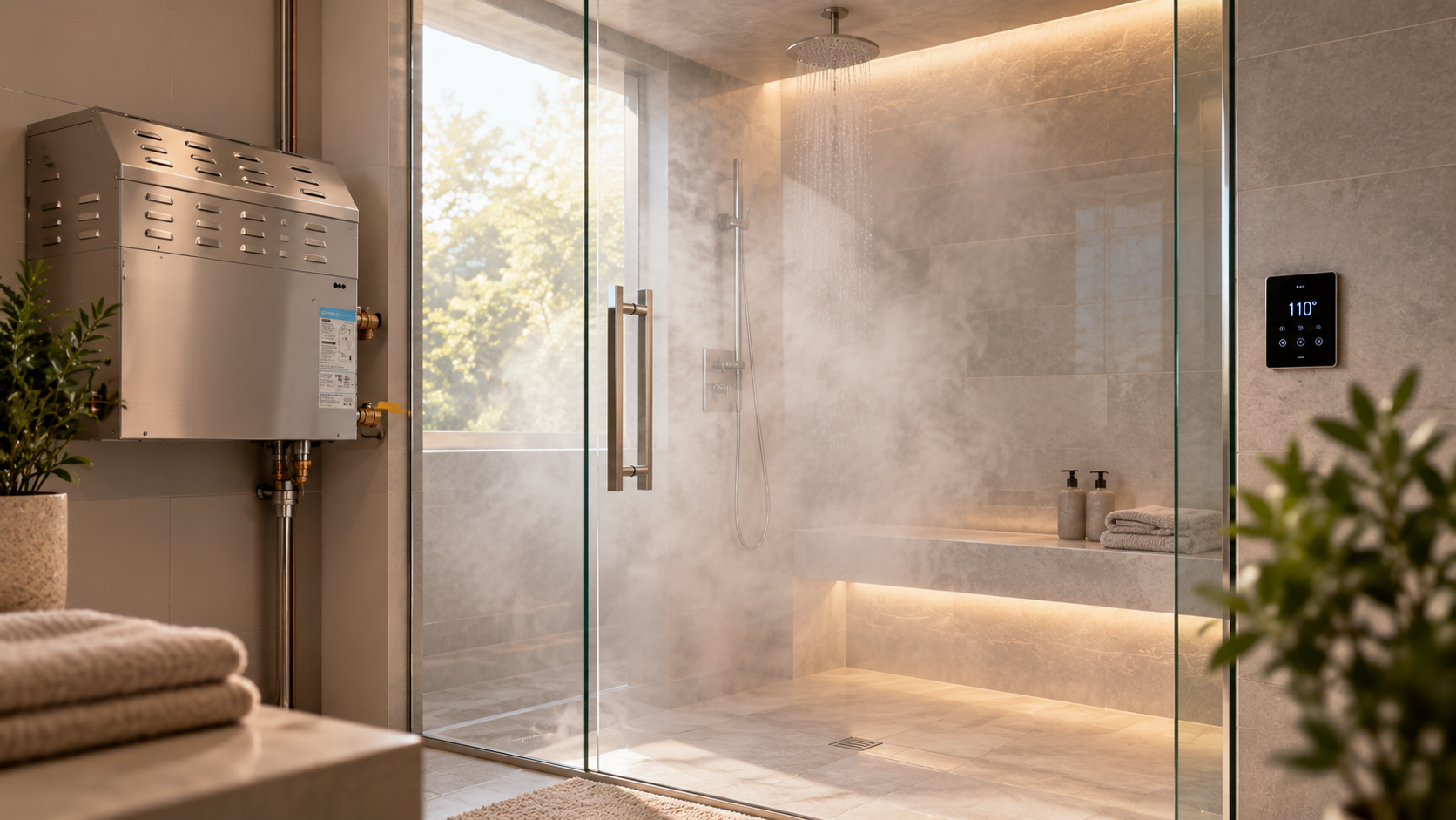 Luxury home steam shower with steam generator and glass enclosure