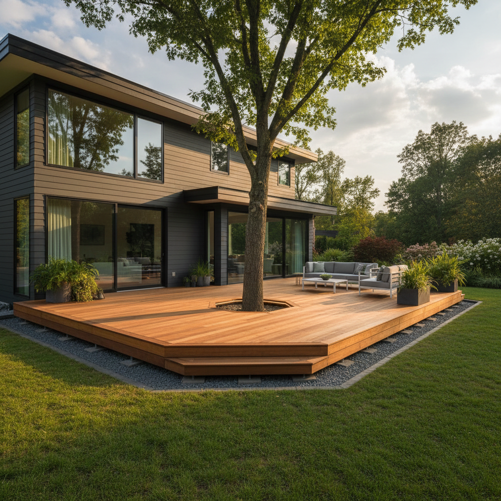 image of a floating deck surrounding the back side of a house. The deck has a hole cut in the middle to allow a tree to grow through it