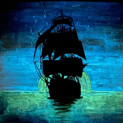 Glow in the dark sailboat painting created using Art 'N Glow's glow paints.