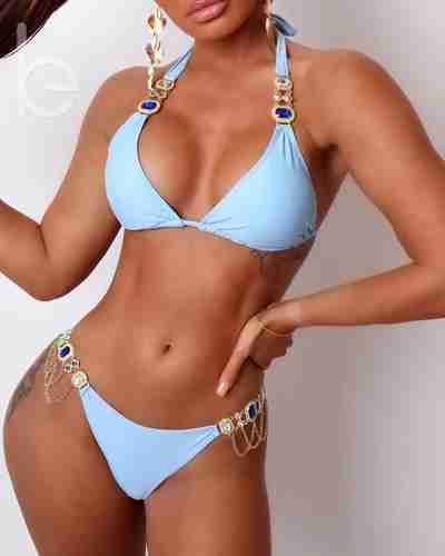 Kayla in Gems and Chains Blue 2 piece swimsuit
