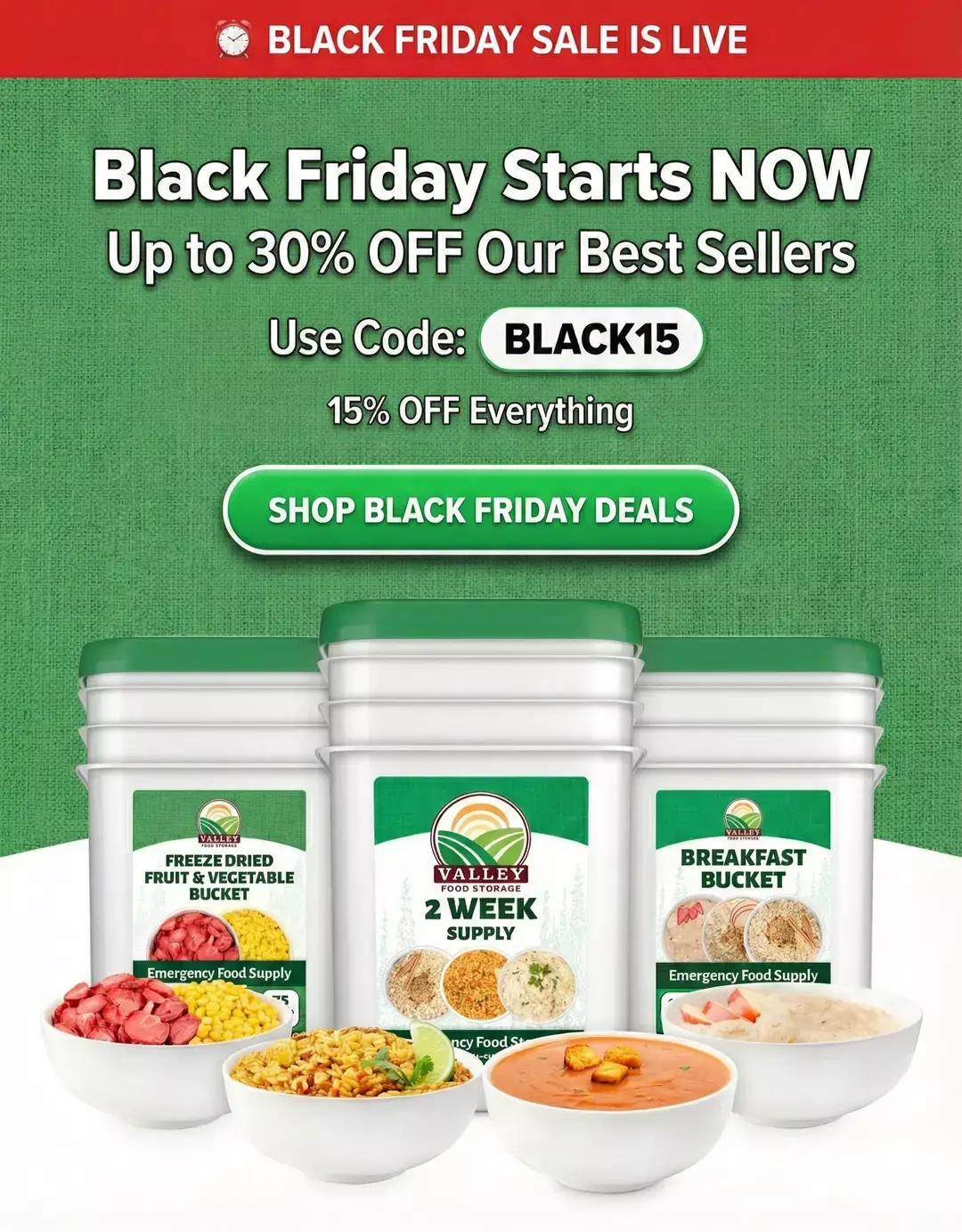 Valley Food Storage emergency food buckets and prepared freeze-dried meals displayed in a Black Friday promotion banner.