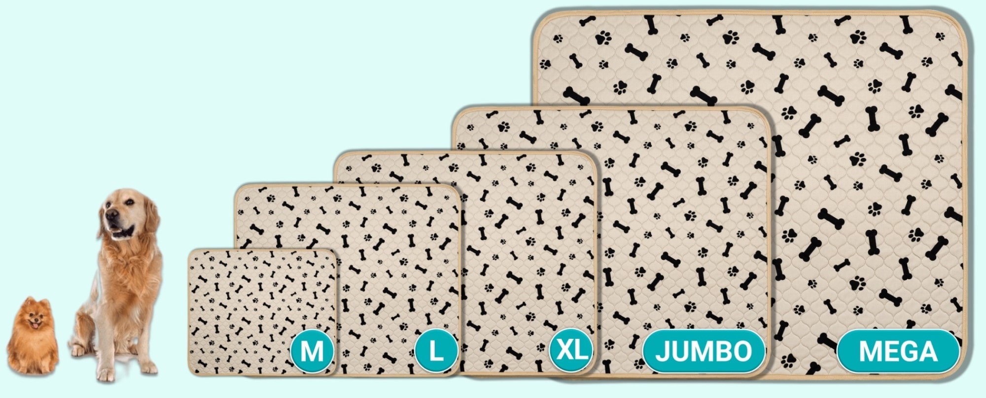 A diagram showing the various size options of the Potty Buddy reusable potty pad
