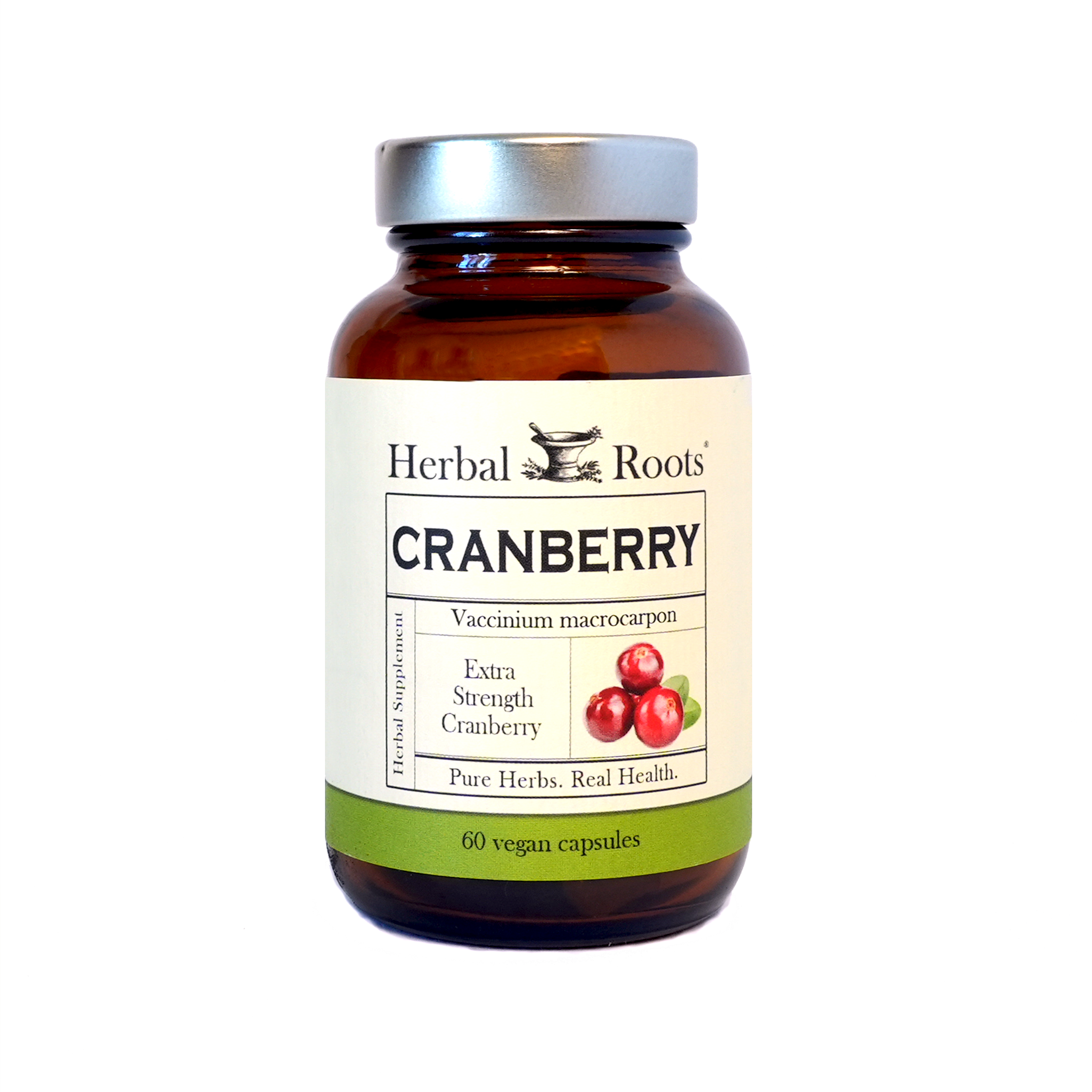 Amber Bottle and silver lid with matching white and green label. Black and white Herbal Roots logo with illustration of a mortar and pestle with herbs on top and sides. The text says, "Cranberry.” The fronts of the labels say, "Vaccinium macrocarpon, extra strength cranberry. Pure Herbs. Real Health. Herbal Supplement and 60 Vegan Capsules." An image of three cranberries is on the bottle