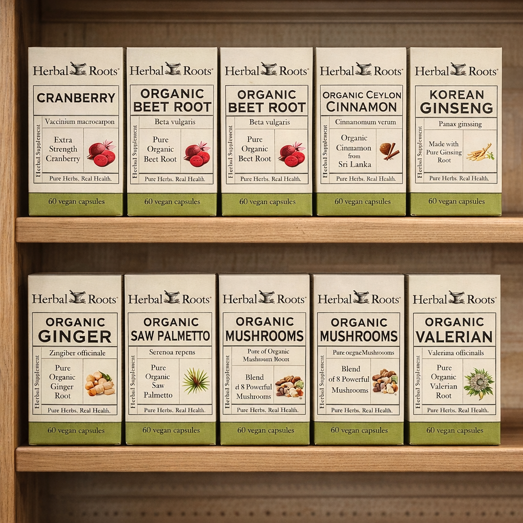 Several Herbal Roots products on wooden shelves