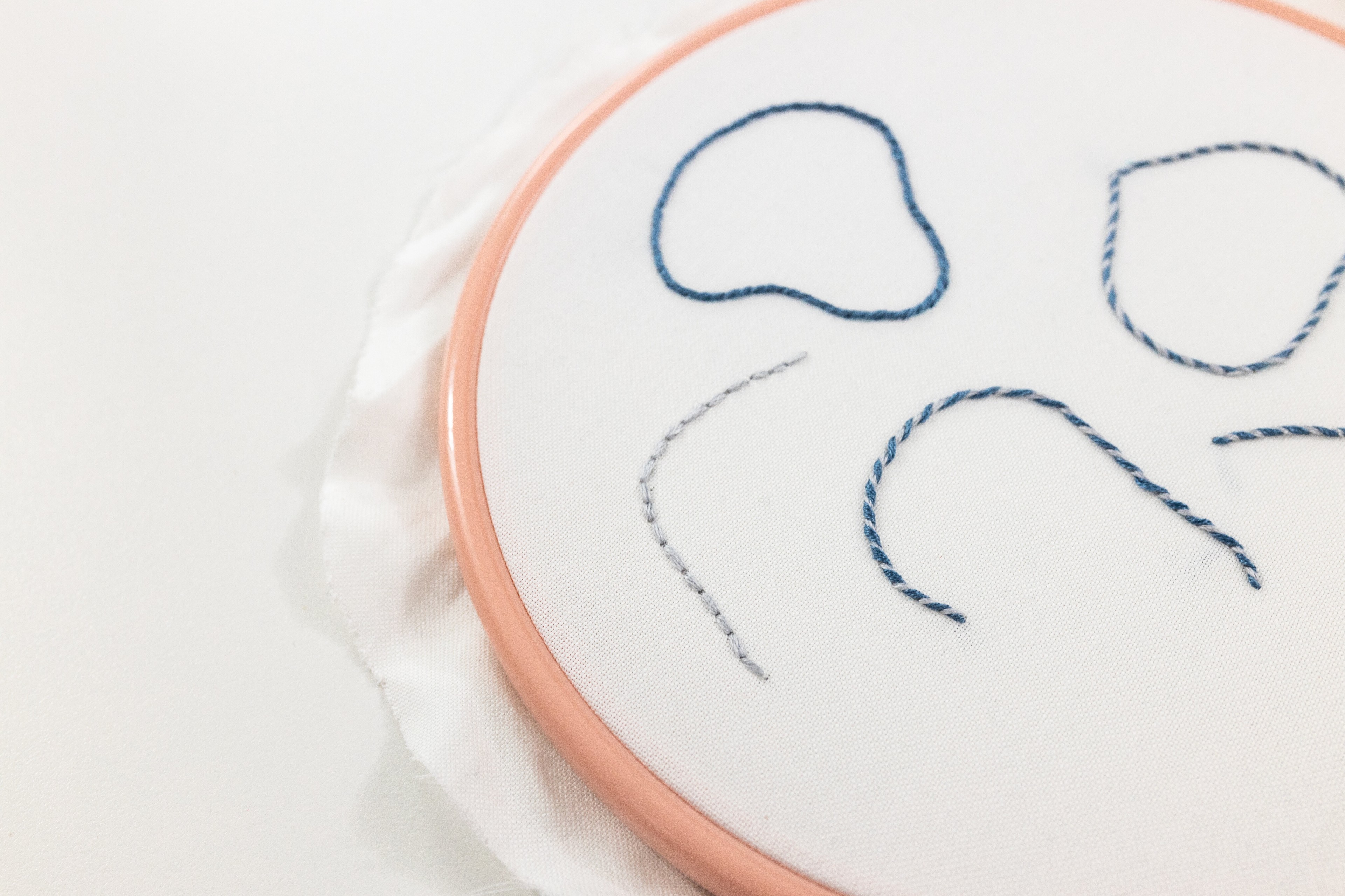 This is an image of a hoop with some whipped back stitch in a curved shape
