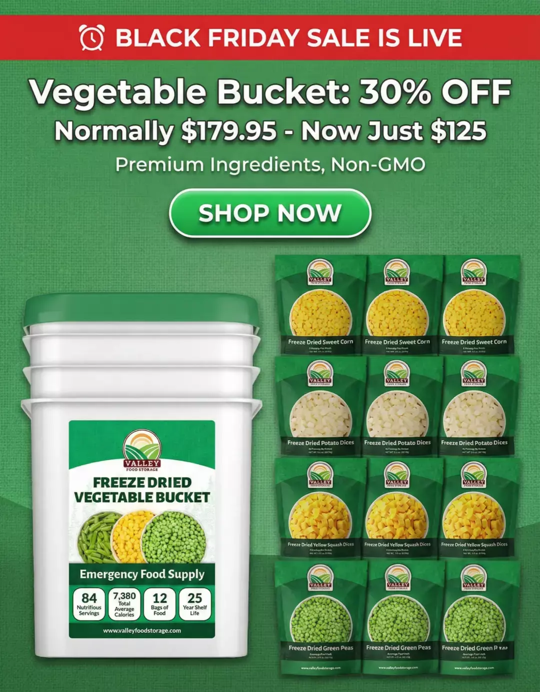 Valley Food Storage Freeze-Dried Vegetable Bucket with assorted prepared vegetable servings displayed in a Black Friday promotion banner.