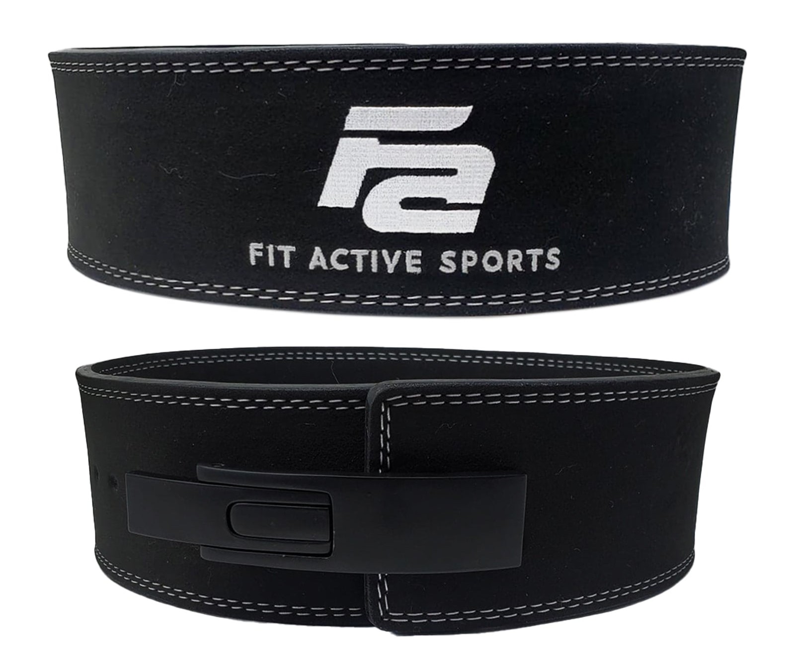 Closeup of Fit Active Sports black lever belt front and back