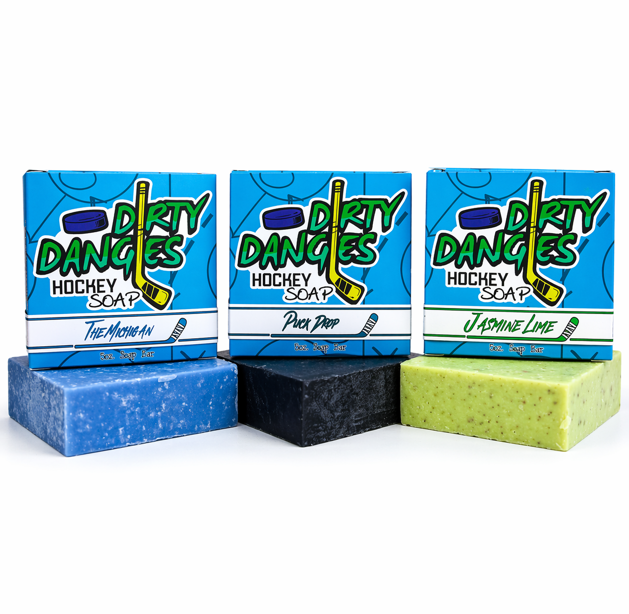 A blue, black and green Dirty Dangles hockey soap bar 3 pack bundle best seller on a white background