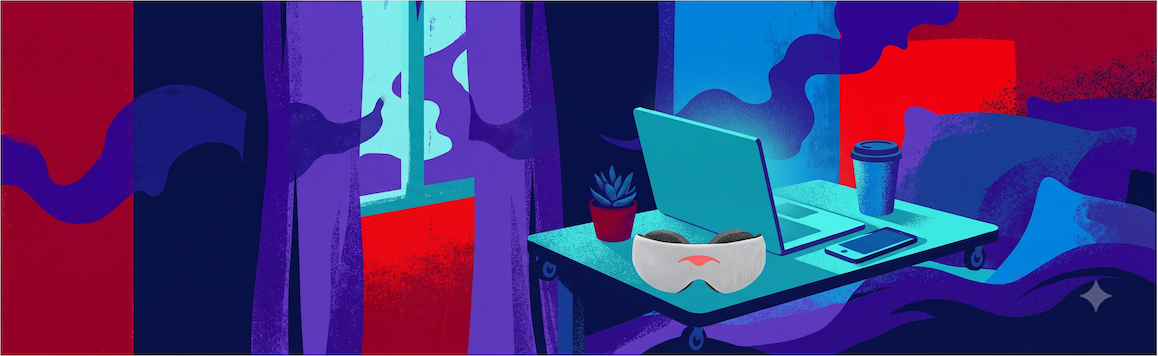 Manta Sleep Mask set beside a glowing laptop on a bedside cart at night, showing how remote work affects sleep.