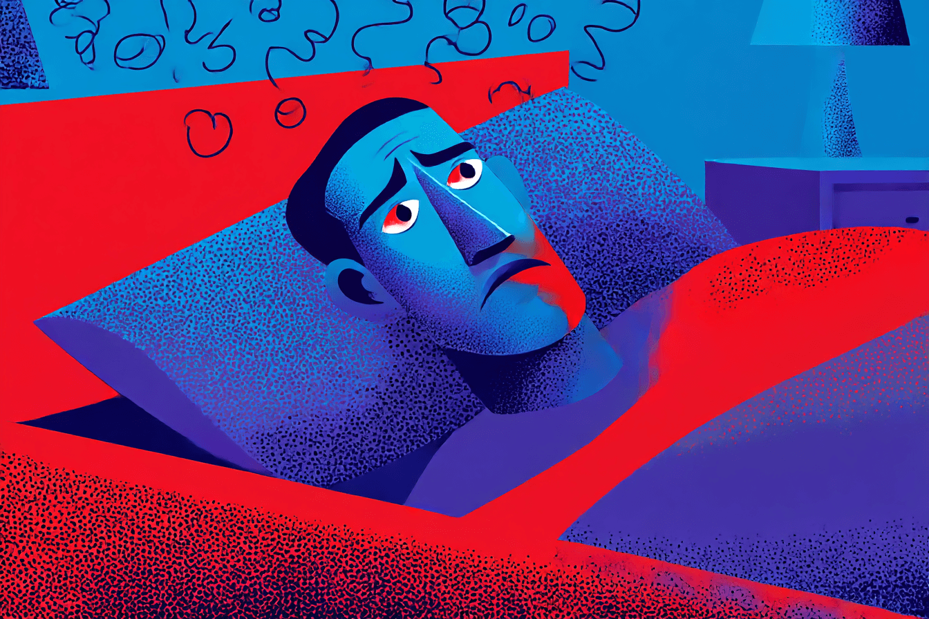 A man lying in bed awake, unable to sleep due to insomnia, a sleep disorder.