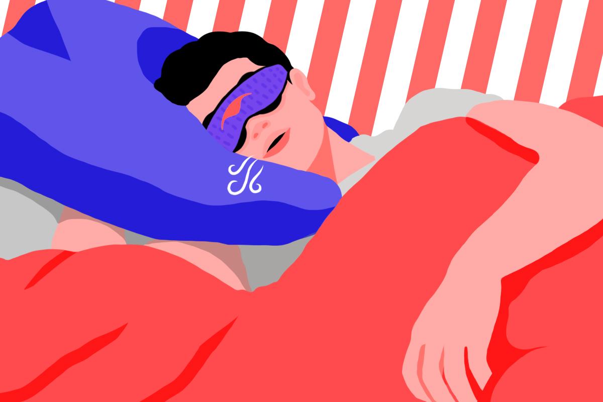 A man snoozing in the best sleeping position for breathing problems. He is wearing a blue mesh eye mask for side sleeping.