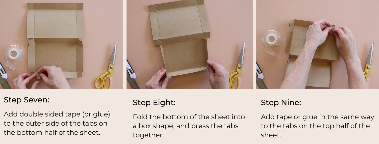These are steps seven - nine of making cardboard boxes.