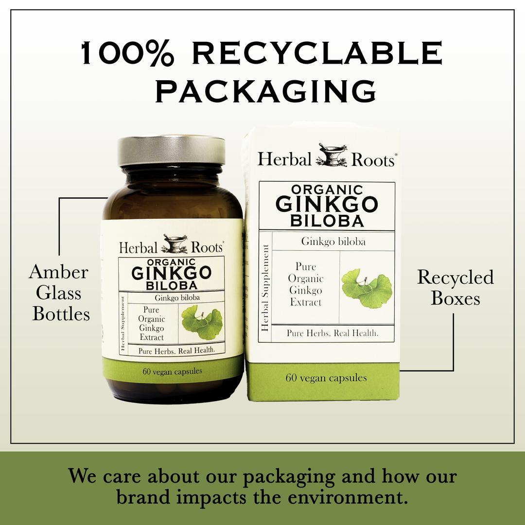 Bottle and box of Herbal Roots organic ginkgo biloba next to each other. Under the bottle and box says We care about our packaging and how our brand impacts the environment. There is a line coming from the left of the bottle that says Amber glass bottles. There is a line coming from the left of the box that says recycled boxes.
