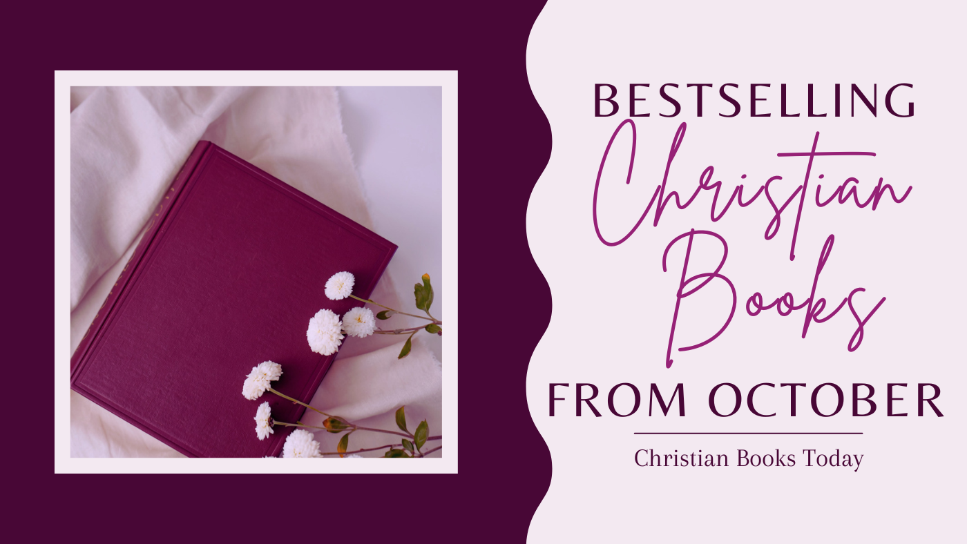 Bestselling Christian books from October, with a purple book and white flowers.
