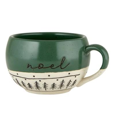 green mug with the word noel in simple lettering