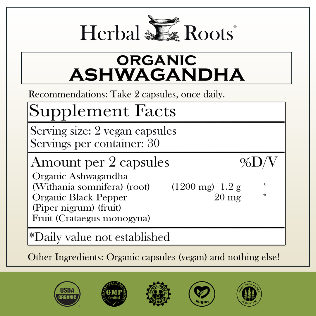 Herbal Roots Organic Ashwagandha supplement facts label with serving size as 2 vegan capsules, 30 servings per container. Amount per 2 capsules is 1200 mg of organic ashwagandha, 20mg of organic black pepper. Other ingredients: Organic capsules (began) and nothing else! There are a USDA Organic, GMP certified, family owned business, vegan and tree free paper badges.