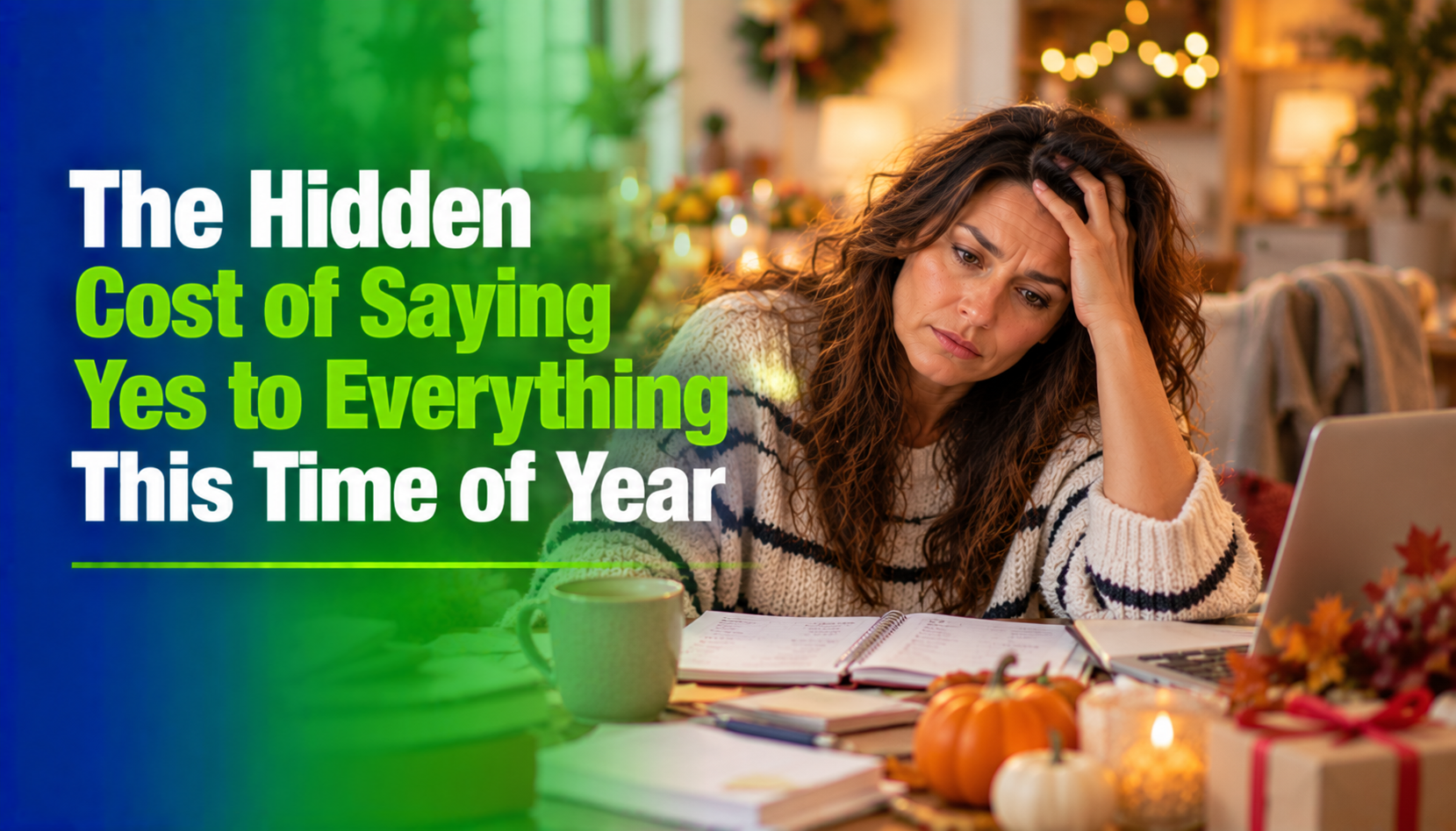 A person overwhelmed with tasks and responsibilities, symbolizing the hidden costs of overcommitting during the holiday season.