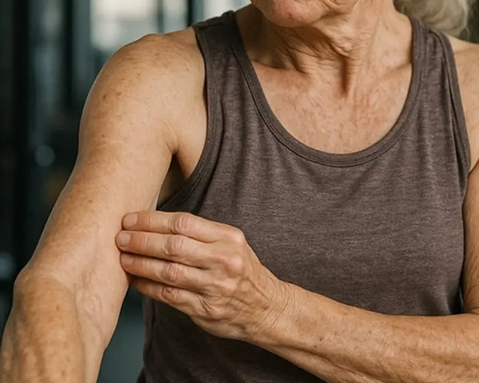 Woman noticing her arm skin