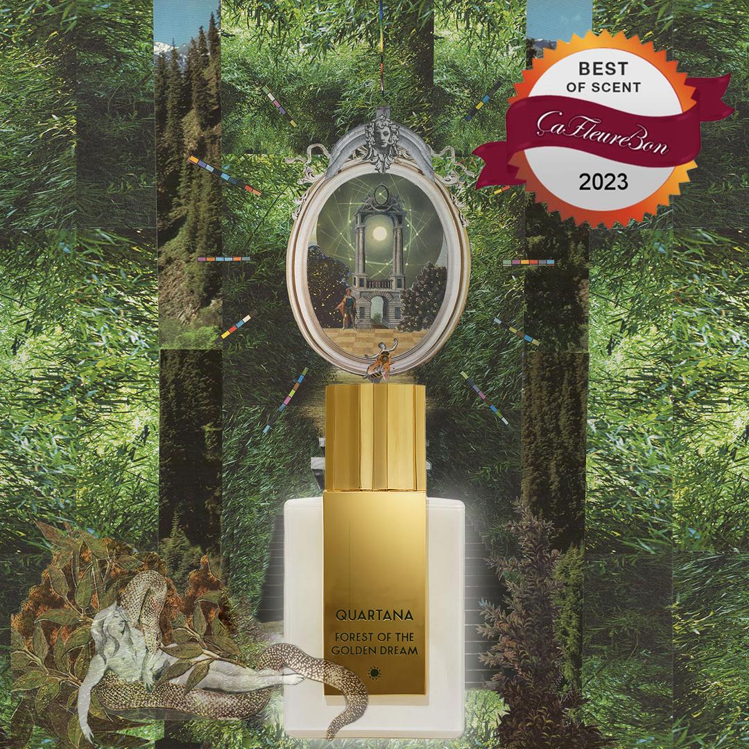 Forest of the Golden Dream bottle in golden evergreen editorial artwork