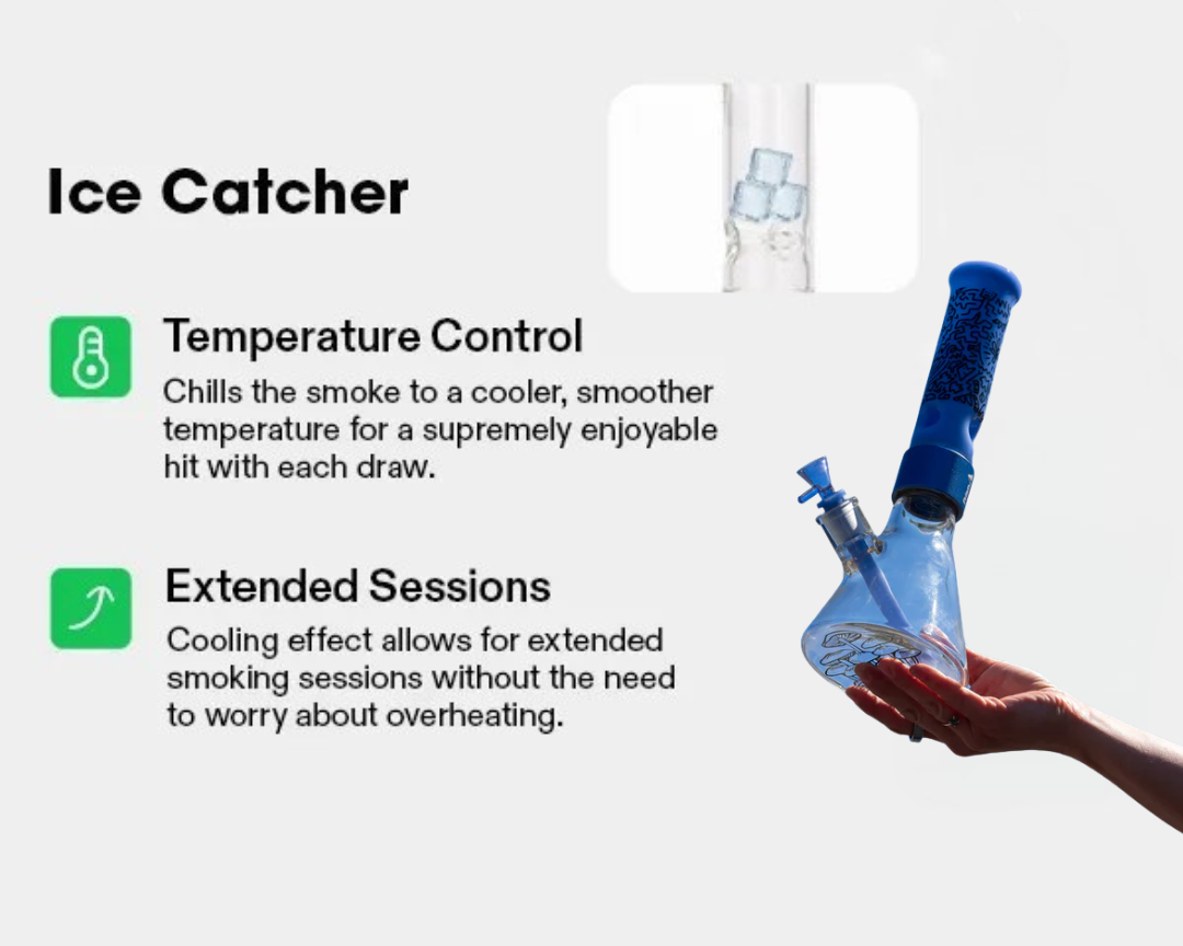 infographic showing how ice-cooled smoke works in a glass water pipe, illustrating the process of thermal heat transfer and how ice catchers or ice pinches create a smoother, cooler hit.