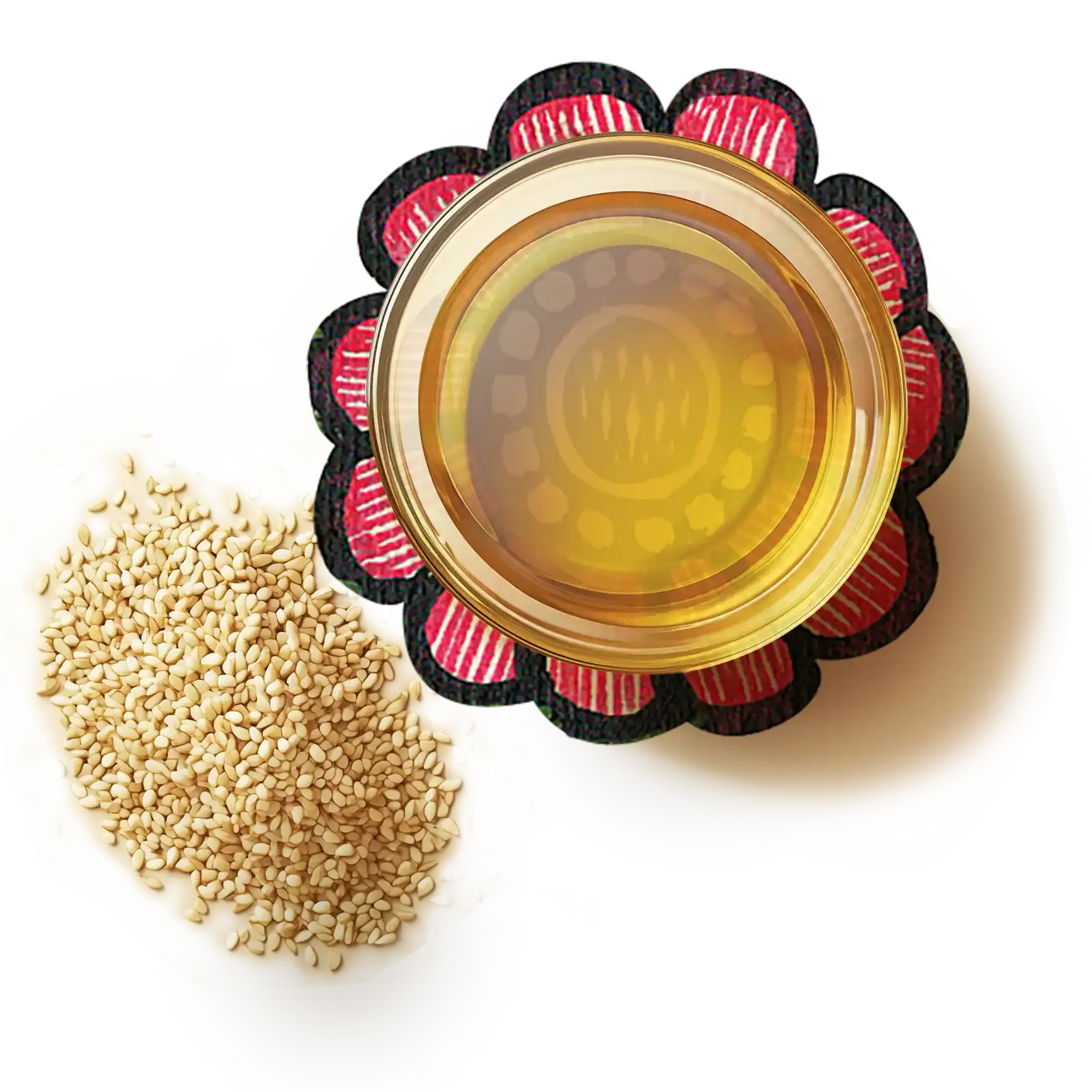 Sesame seeds and it's oil kept in a glass bowl over a artwork of a pink flower