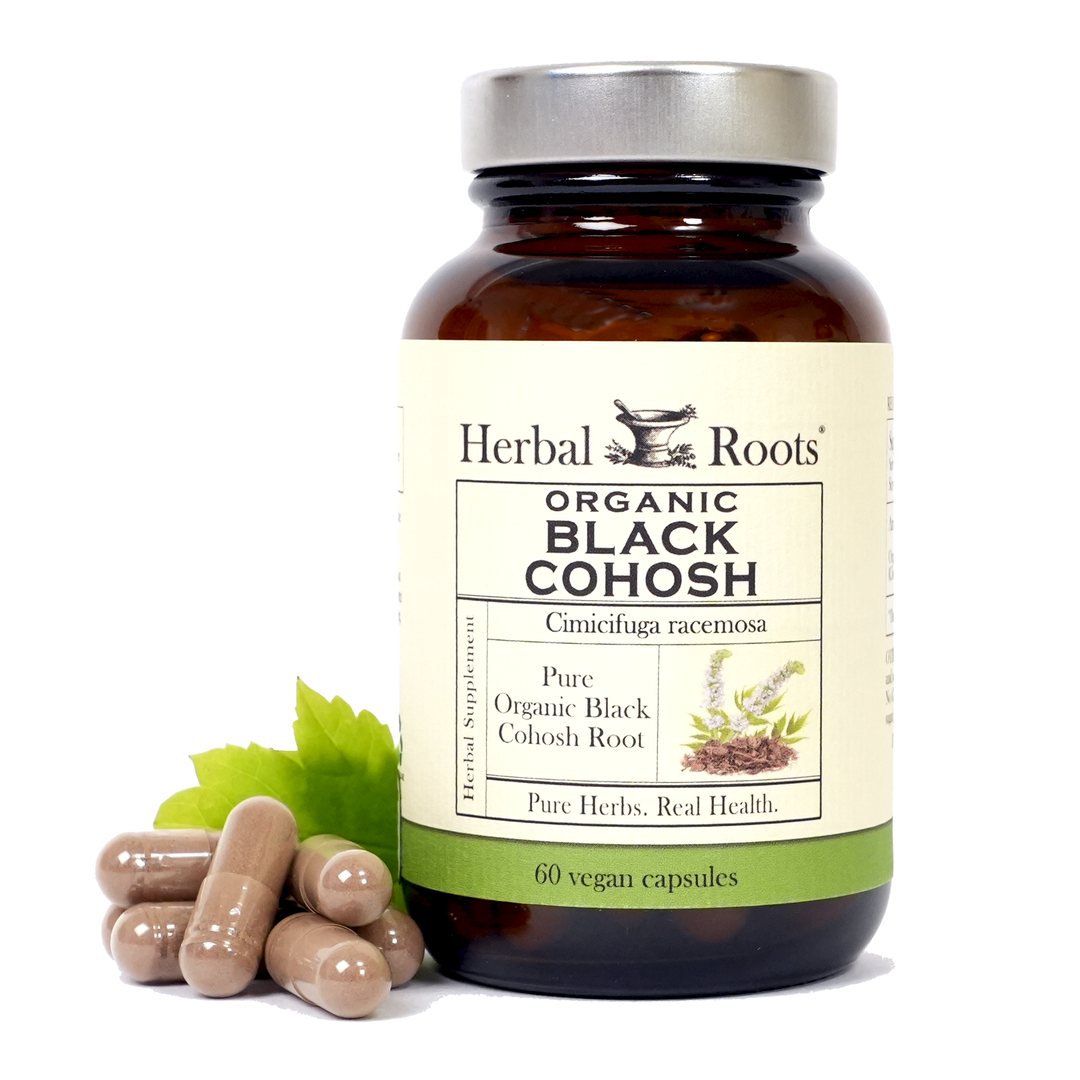 Bottle of Herbal Roots Organic Black Cohosh with capsules on the left of the bottle.